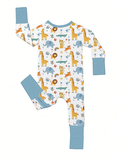 Baby Bamboo Fiber Zip-Up, Zoo Elephants Tigers Giraffes Print Romper, All-Season Knit Fabric Skinny Fit With Zipper Detail, Baby Girl Boy Spring Autumn Clothes, Perfect For Outdoor Sleep Gift.