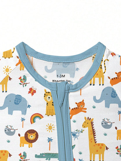 Baby Bamboo Fiber Zip-Up, Zoo Elephants Tigers Giraffes Print Romper, All-Season Knit Fabric Skinny Fit With Zipper Detail, Baby Girl Boy Spring Autumn Clothes, Perfect For Outdoor Sleep Gift.