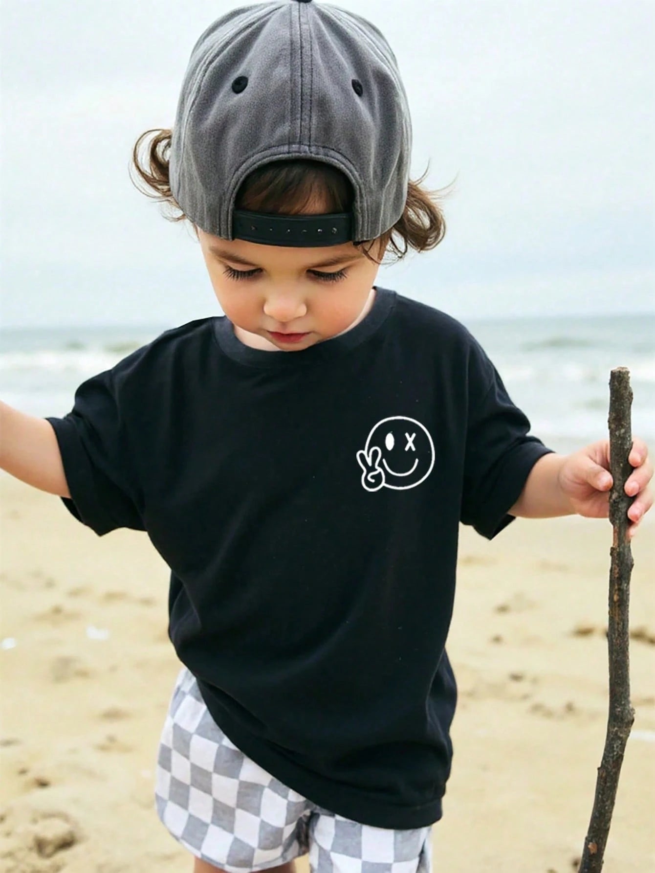 Baby Boy Basic Casual Black T-Shirt With Smile Face Print, Short Sleeve
