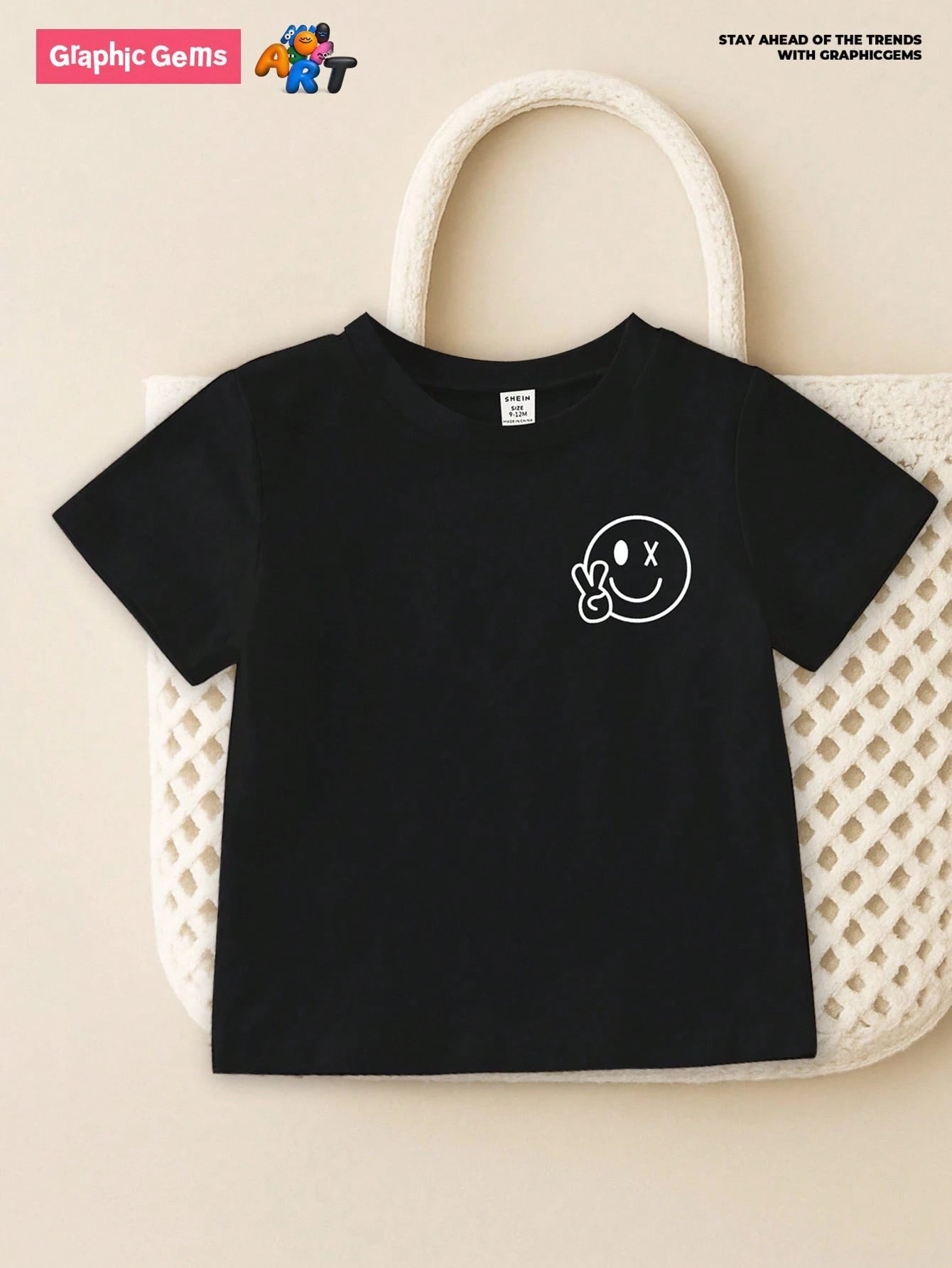 Baby Boy Basic Casual Black T-Shirt With Smile Face Print, Short Sleeve