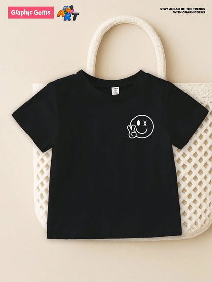 Baby Boy Basic Casual Black T-Shirt With Smile Face Print, Short Sleeve