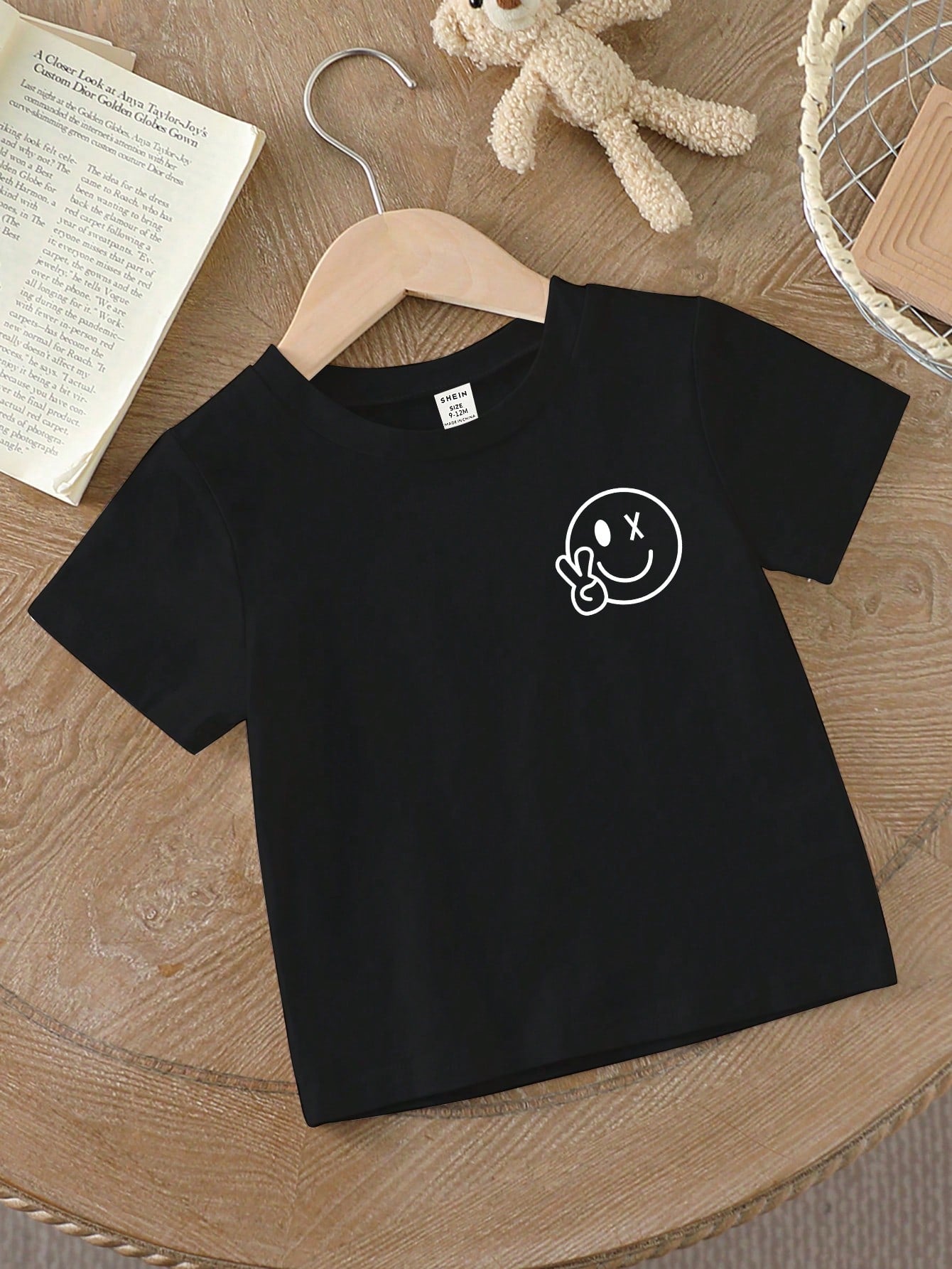 Baby Boy Basic Casual Black T-Shirt With Smile Face Print, Short Sleeve
