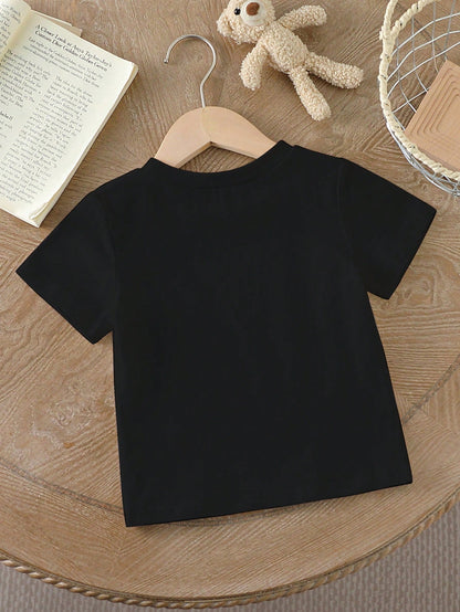 Baby Boy Basic Casual Black T-Shirt With Smile Face Print, Short Sleeve