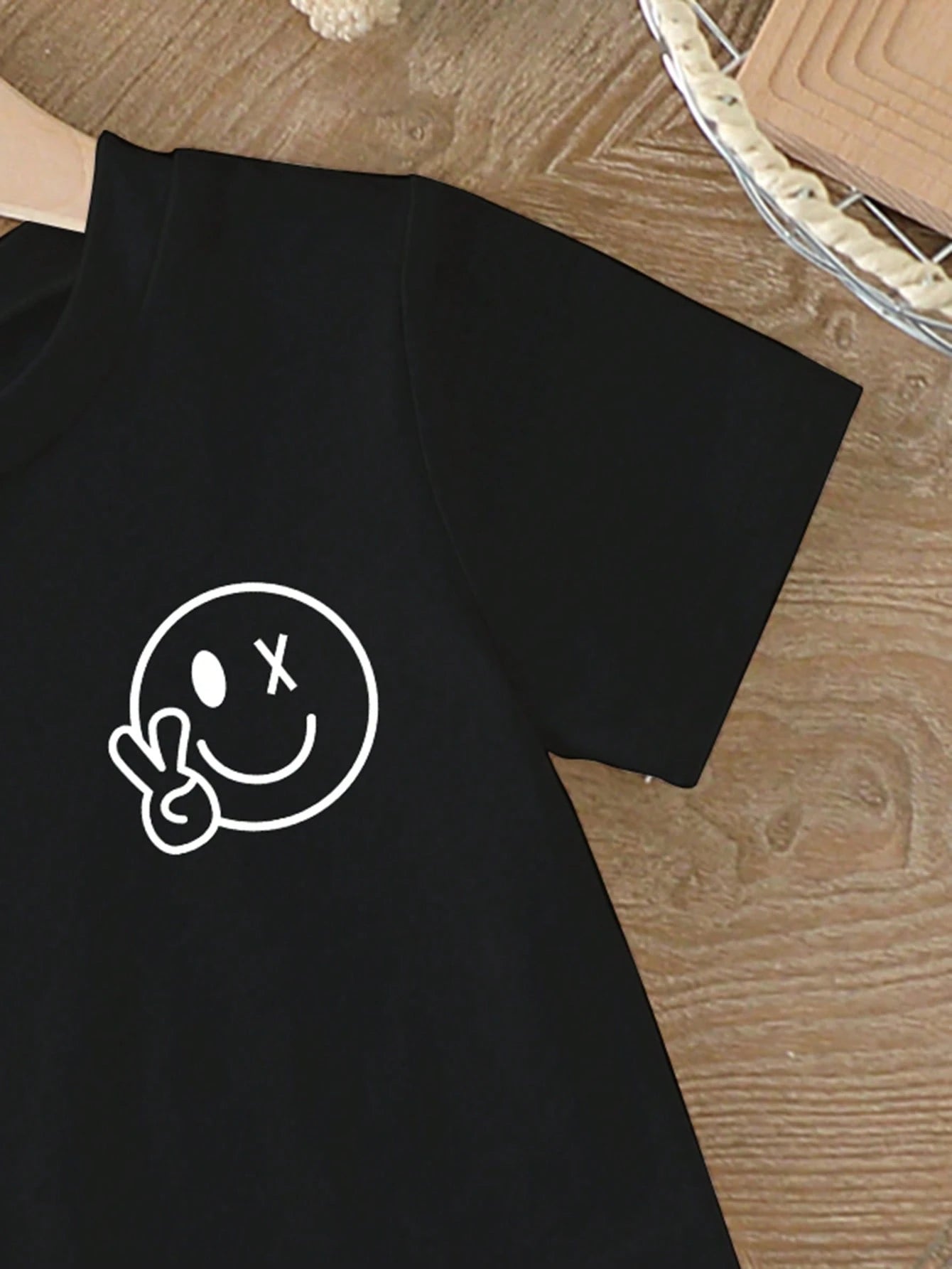 Baby Boy Basic Casual Black T-Shirt With Smile Face Print, Short Sleeve