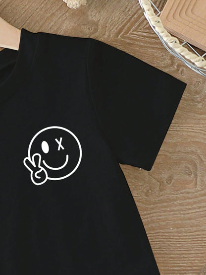 Baby Boy Basic Casual Black T-Shirt With Smile Face Print, Short Sleeve