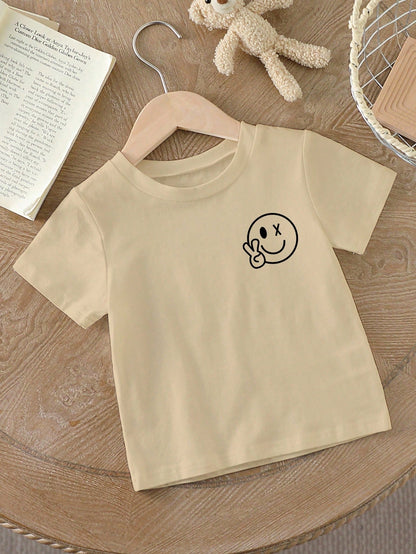 Baby Boy Basic Casual Black T-Shirt With Smile Face Print, Short Sleeve