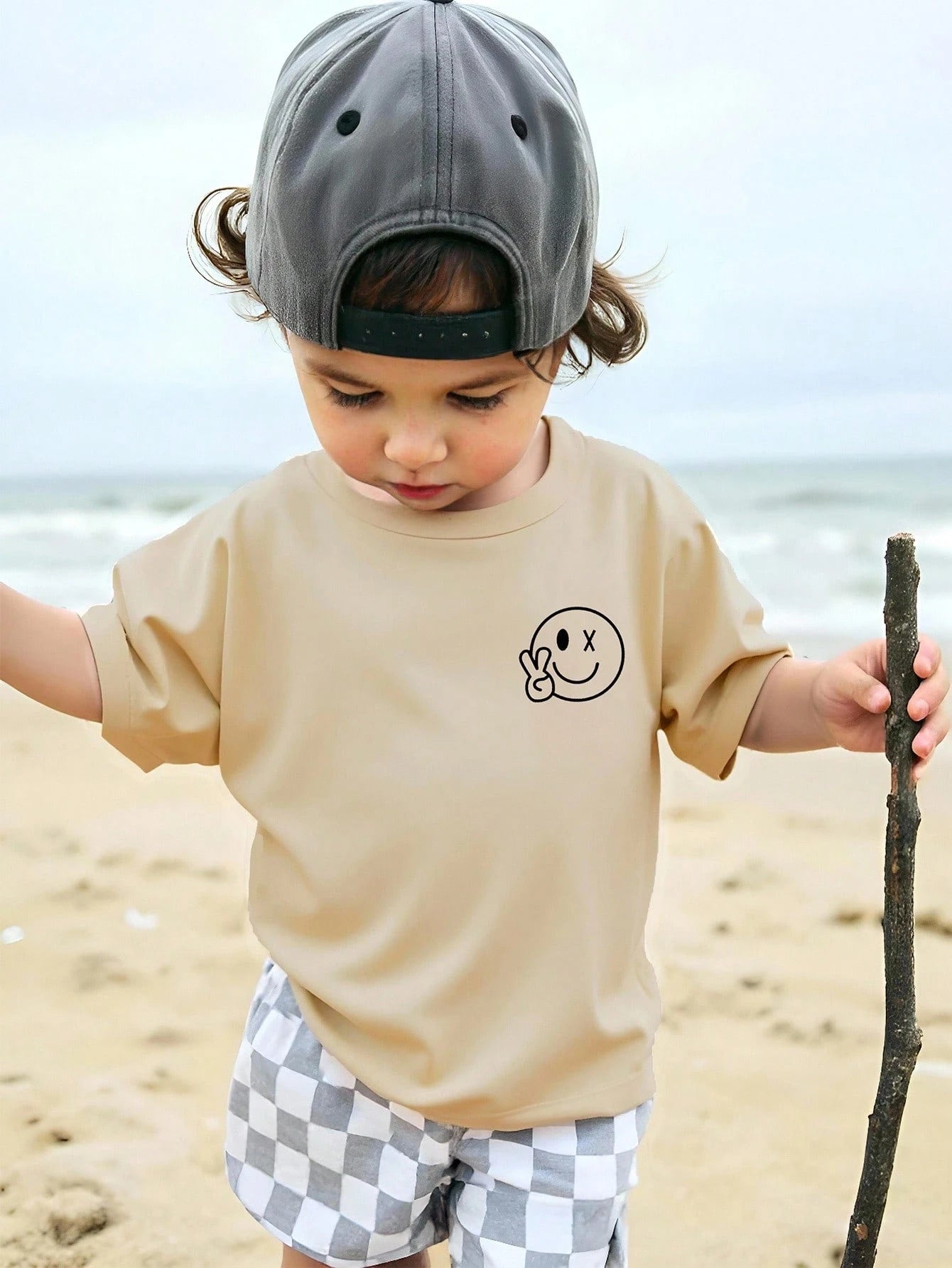 Baby Boy Basic Casual Black T-Shirt With Smile Face Print, Short Sleeve