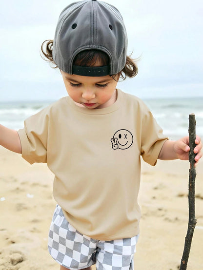 Baby Boy Basic Casual Black T-Shirt With Smile Face Print, Short Sleeve