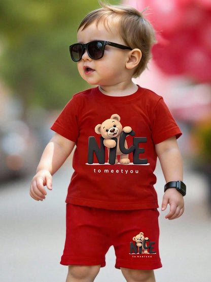Baby Boy Cartoon Bear Print Short Sleeve T-Shirt And Shorts Casual Outfit