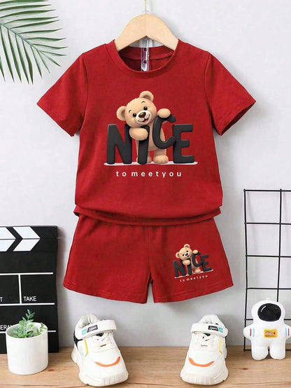 Baby Boy Cartoon Bear Print Short Sleeve T-Shirt And Shorts Casual Outfit