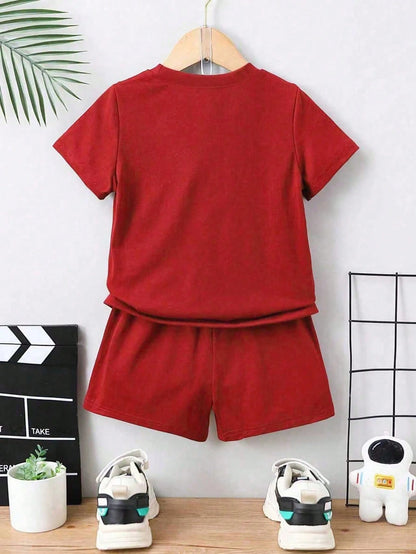 Baby Boy Cartoon Bear Print Short Sleeve T-Shirt And Shorts Casual Outfit