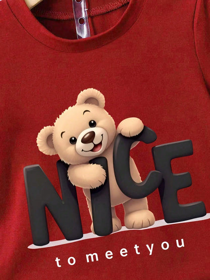 Baby Boy Cartoon Bear Print Short Sleeve T-Shirt And Shorts Casual Outfit