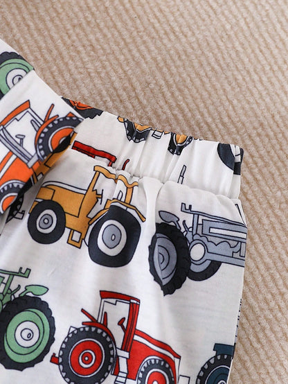 Baby Boy Cartoon Car Print Long Sleeve Top And Pants Set