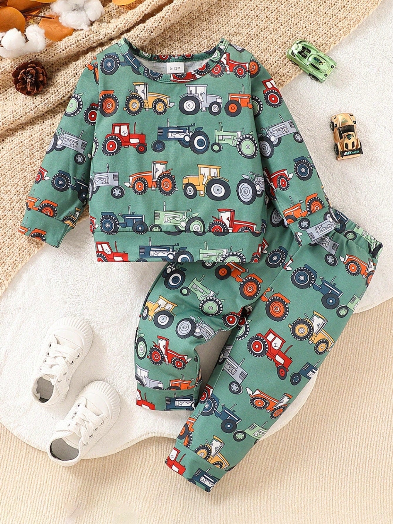 Baby Boy Cartoon Car Print Long Sleeve Top And Pants Set