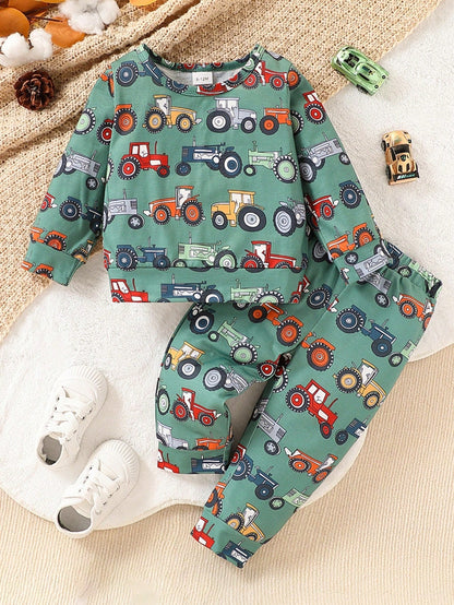 Baby Boy Cartoon Car Print Long Sleeve Top And Pants Set
