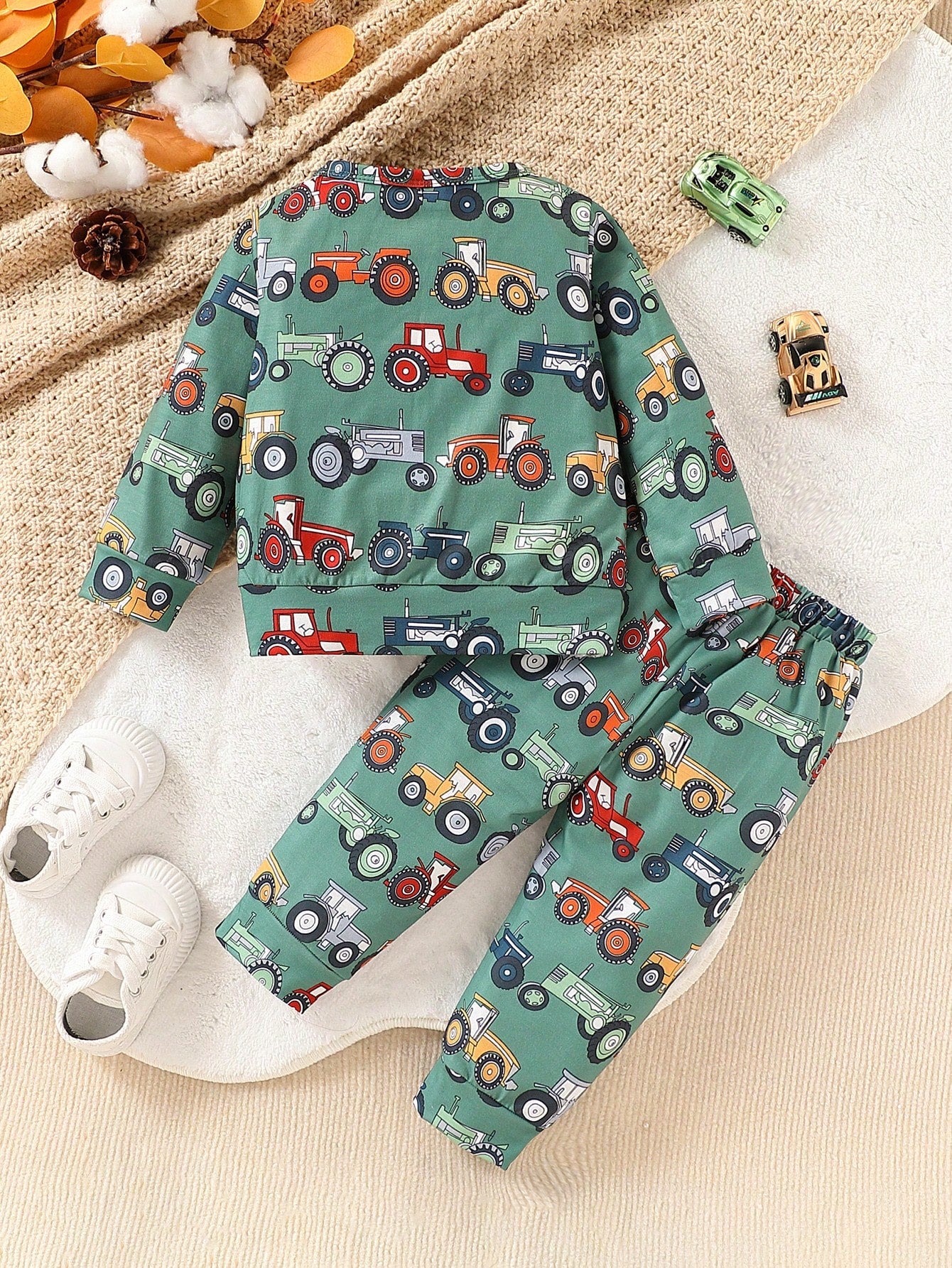 Baby Boy Cartoon Car Print Long Sleeve Top And Pants Set