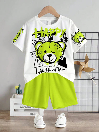 Baby Boy Casual Comfortable Fashionable Minimalist Round Neck Short Sleeve T-Shirt And Shorts Set, Suitable For Spring And Summer, Classic Cartoon Handsome Graffiti Bear Print