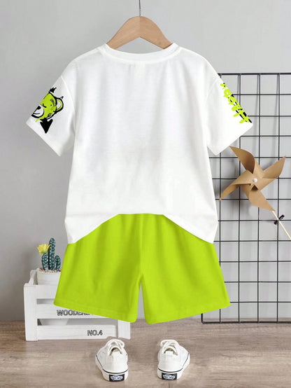 Baby Boy Casual Comfortable Fashionable Minimalist Round Neck Short Sleeve T-Shirt And Shorts Set, Suitable For Spring And Summer, Classic Cartoon Handsome Graffiti Bear Print