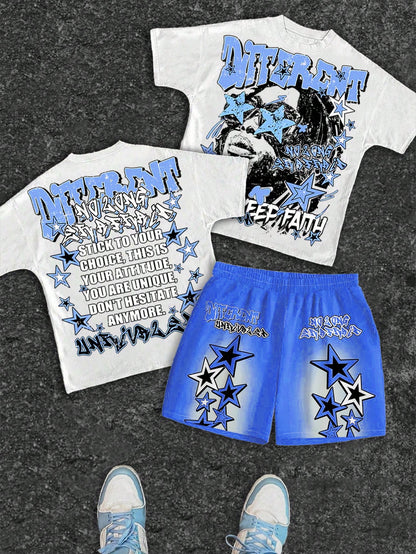 Baby Boy Casual Comfortable Fashionable Minimalist Round Neck Short Sleeve T-Shirt And Shorts Set, Suitable For Spring And Summer, Classic Cartoon Handsome Graffiti Bear Print