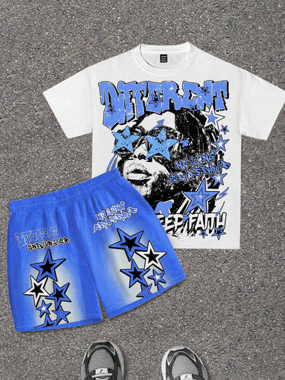 Baby Boy Casual Comfortable Fashionable Minimalist Round Neck Short Sleeve T-Shirt And Shorts Set, Suitable For Spring And Summer, Classic Cartoon Handsome Graffiti Bear Print