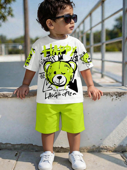 Baby Boy Casual Comfortable Fashionable Minimalist Round Neck Short Sleeve T-Shirt And Shorts Set, Suitable For Spring And Summer, Classic Cartoon Handsome Graffiti Bear Print