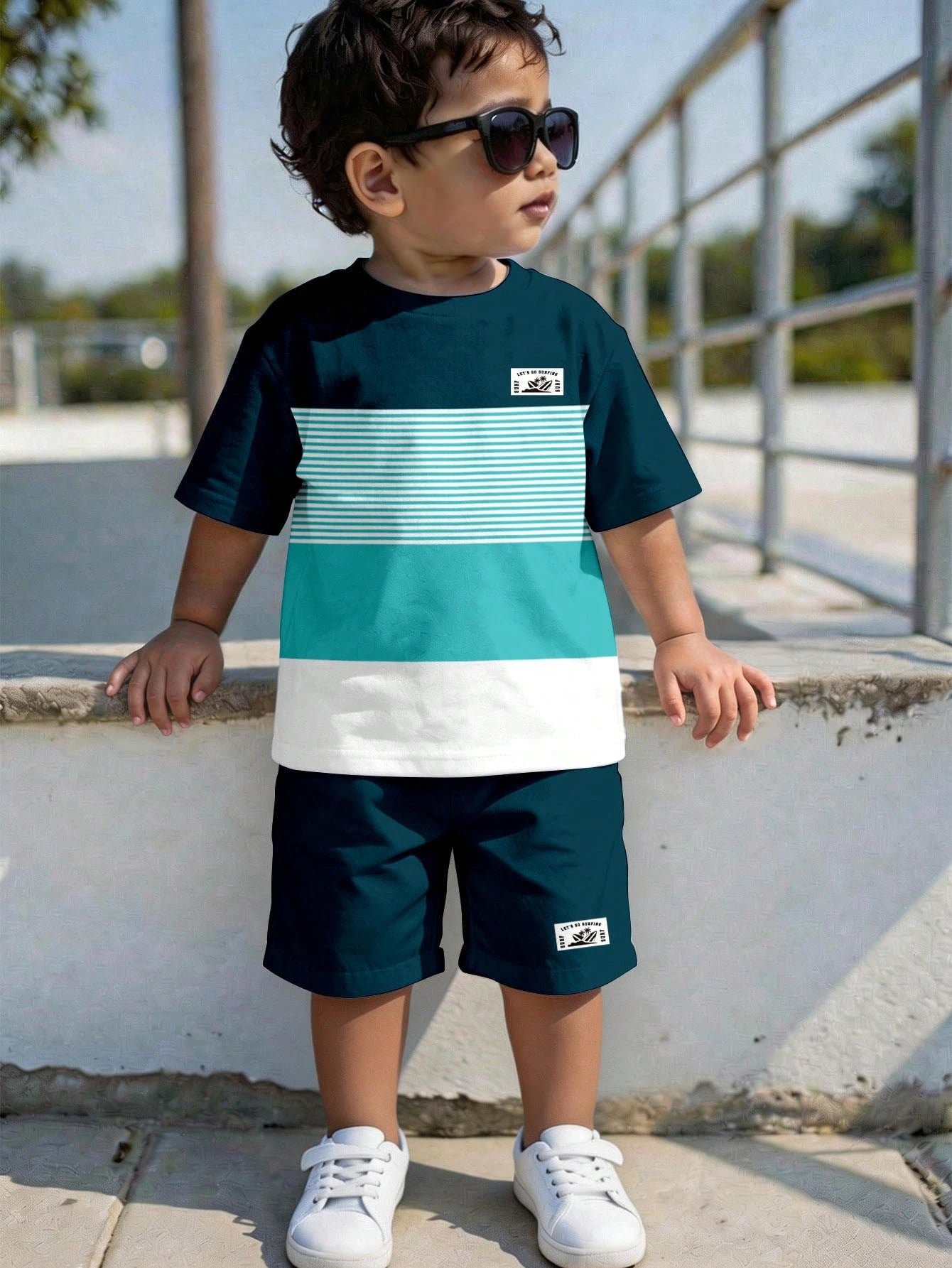 Baby Boy Casual Comfortable Minimalist Round Neck Short Sleeve T-Shirt And Shorts Set, Classic Cool Striped, Color Block, And Palm Tree Logo Printed, Suitable For Spring And Summer
