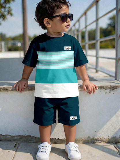 Baby Boy Casual Comfortable Minimalist Round Neck Short Sleeve T-Shirt And Shorts Set, Classic Cool Striped, Color Block, And Palm Tree Logo Printed, Suitable For Spring And Summer