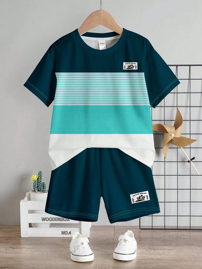 Baby Boy Casual Comfortable Minimalist Round Neck Short Sleeve T-Shirt And Shorts Set, Classic Cool Striped, Color Block, And Palm Tree Logo Printed, Suitable For Spring And Summer