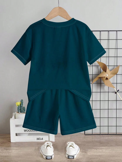 Baby Boy Casual Comfortable Minimalist Round Neck Short Sleeve T-Shirt And Shorts Set, Classic Cool Striped, Color Block, And Palm Tree Logo Printed, Suitable For Spring And Summer