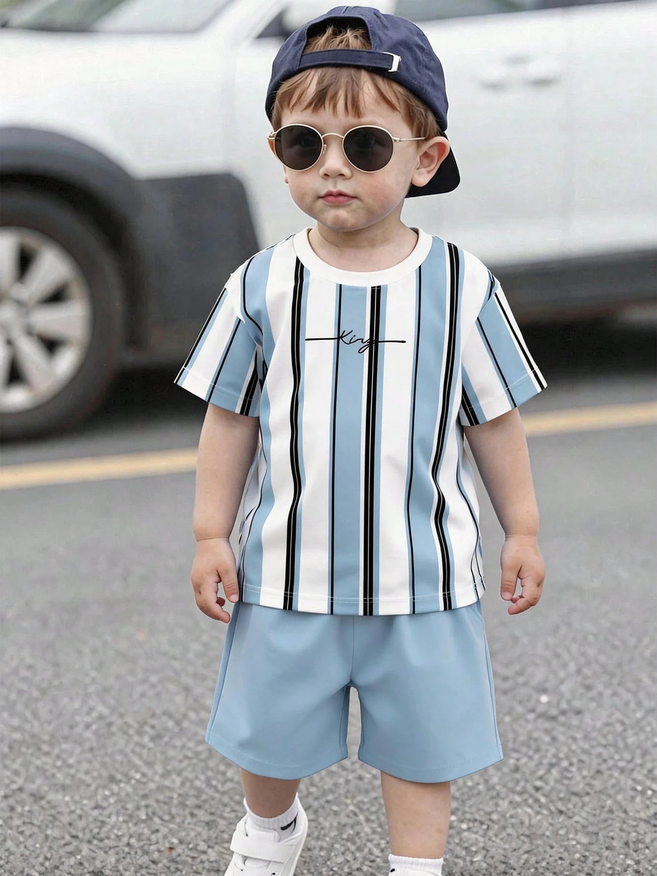 Baby Boy Casual Comfortable Minimalist Round Neck Short Sleeve T-Shirt And Shorts Set, Classic Cool Striped, Color Block, And Palm Tree Logo Printed, Suitable For Spring And Summer