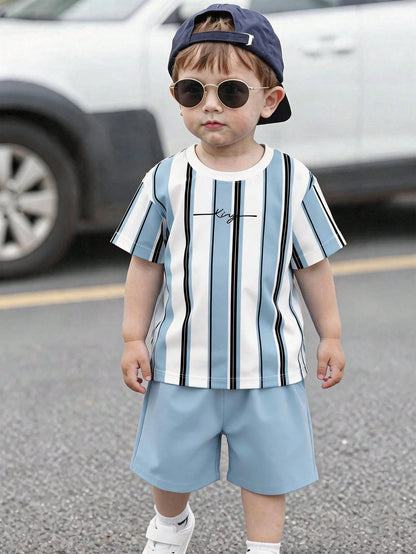 Baby Boy Casual Comfortable Minimalist Round Neck Short Sleeve T-Shirt And Shorts Set, Classic Cool Striped, Color Block, And Palm Tree Logo Printed, Suitable For Spring And Summer