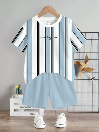 Baby Boy Casual Comfortable Minimalist Round Neck Short Sleeve T-Shirt And Shorts Set, Classic Cool Striped, Color Block, And Palm Tree Logo Printed, Suitable For Spring And Summer