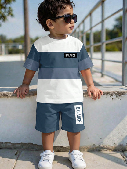 Baby Boy Casual Comfortable Minimalist Round Neck Short Sleeve T-Shirt And Shorts Set, Classic Cool Striped, Color Block, And Palm Tree Logo Printed, Suitable For Spring And Summer
