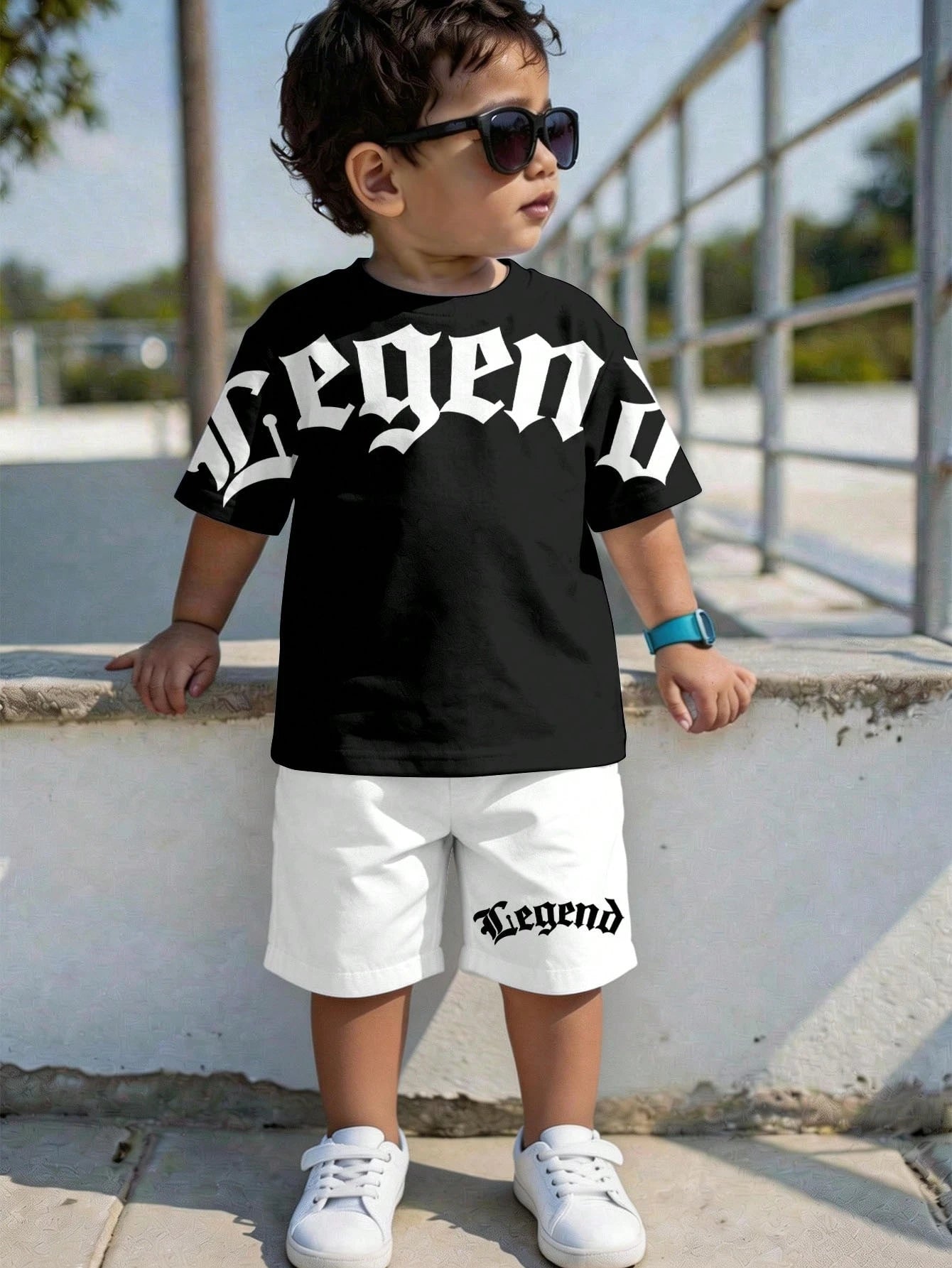 Baby Boy Casual Racing Minimalist T-Shirt Set, Suitable For Summer, Classic Cool Gothic Text Graphic Print, Suitable For Street Style, Beach White