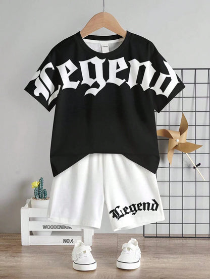 Baby Boy Casual Racing Minimalist T-Shirt Set, Suitable For Summer, Classic Cool Gothic Text Graphic Print, Suitable For Street Style, Beach White