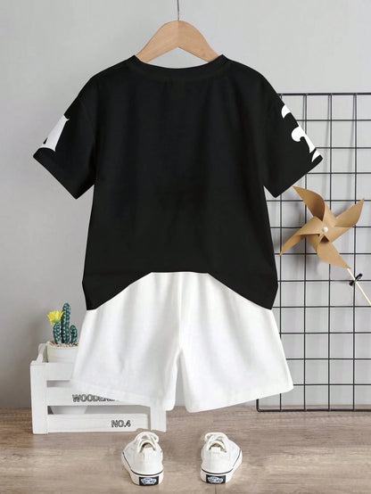 Baby Boy Casual Racing Minimalist T-Shirt Set, Suitable For Summer, Classic Cool Gothic Text Graphic Print, Suitable For Street Style, Beach White