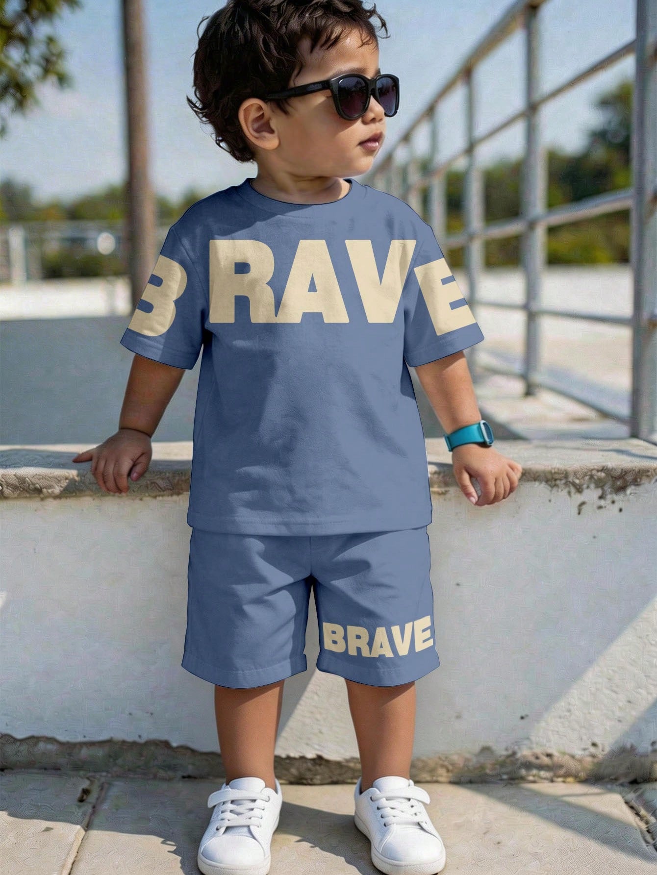 Baby Boy Casual Racing Minimalist T-Shirt Set, Suitable For Summer, Classic Cool Gothic Text Graphic Print, Suitable For Street Style, Beach White