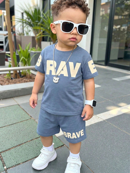 Baby Boy Casual Racing Minimalist T-Shirt Set, Suitable For Summer, Classic Cool Gothic Text Graphic Print, Suitable For Street Style, Beach White