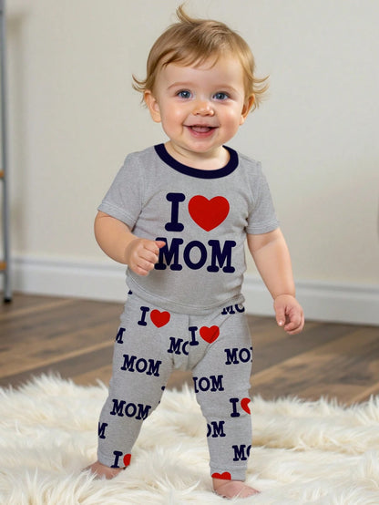 Baby Boy Casual Slim Fit Round Neck Soft Short Sleeve Top And Pants Homewear Set, Snug Fit, Spring/Summer