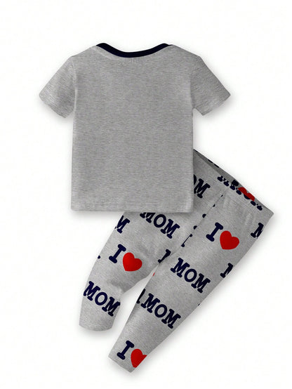 Baby Boy Casual Slim Fit Round Neck Soft Short Sleeve Top And Pants Homewear Set, Snug Fit, Spring/Summer