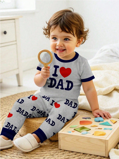 Baby Boy Casual Slim Fit Round Neck Soft Short Sleeve Top And Pants Homewear Set, Snug Fit, Spring/Summer