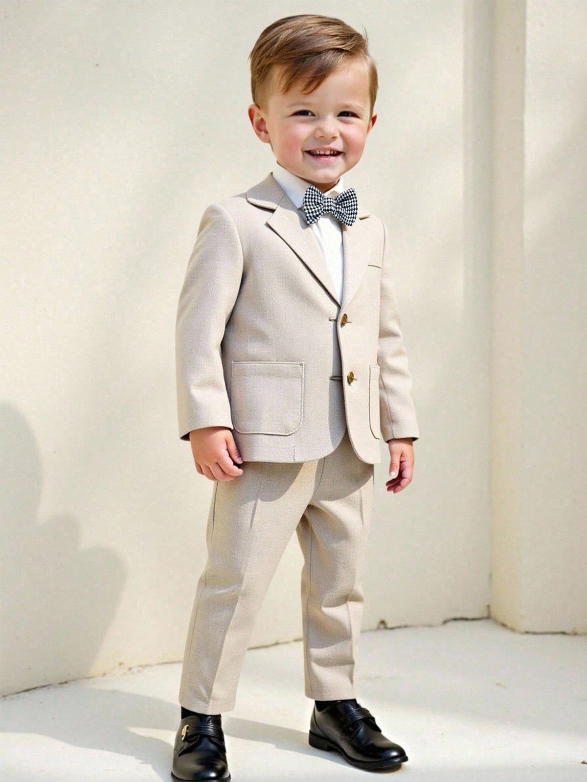 Baby Boy Gentleman Outfit Set,Khaki Blazer,White Shirt,Elastic Waist Pants,Formal Suit With Bowknot,Black And White,Summer,Elegant,Wedding Suit Wear