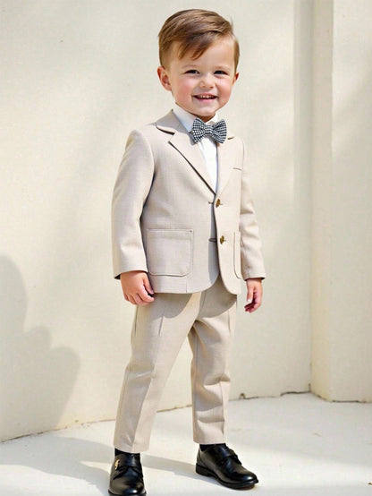 Baby Boy Gentleman Outfit Set,Khaki Blazer,White Shirt,Elastic Waist Pants,Formal Suit With Bowknot,Black And White,Summer,Elegant,Wedding Suit Wear