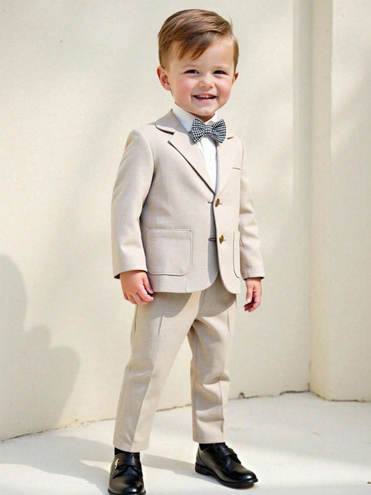 Baby Boy Gentleman Outfit Set,Khaki Blazer,White Shirt,Elastic Waist Pants,Formal Suit With Bowknot,Black And White,Summer,Elegant,Wedding Suit Wear