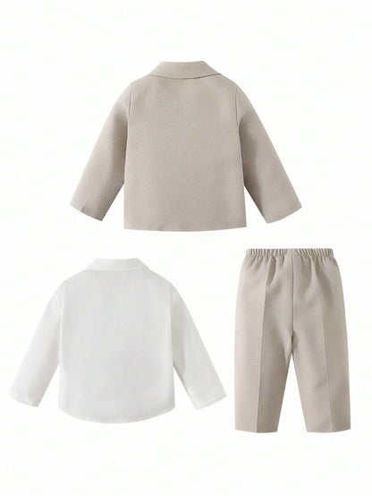 Baby Boy Gentleman Outfit Set,Khaki Blazer,White Shirt,Elastic Waist Pants,Formal Suit With Bowknot,Black And White,Summer,Elegant,Wedding Suit Wear