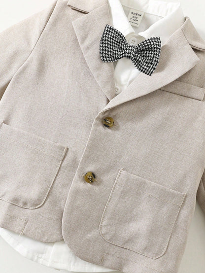 Baby Boy Gentleman Outfit Set,Khaki Blazer,White Shirt,Elastic Waist Pants,Formal Suit With Bowknot,Black And White,Summer,Elegant,Wedding Suit Wear