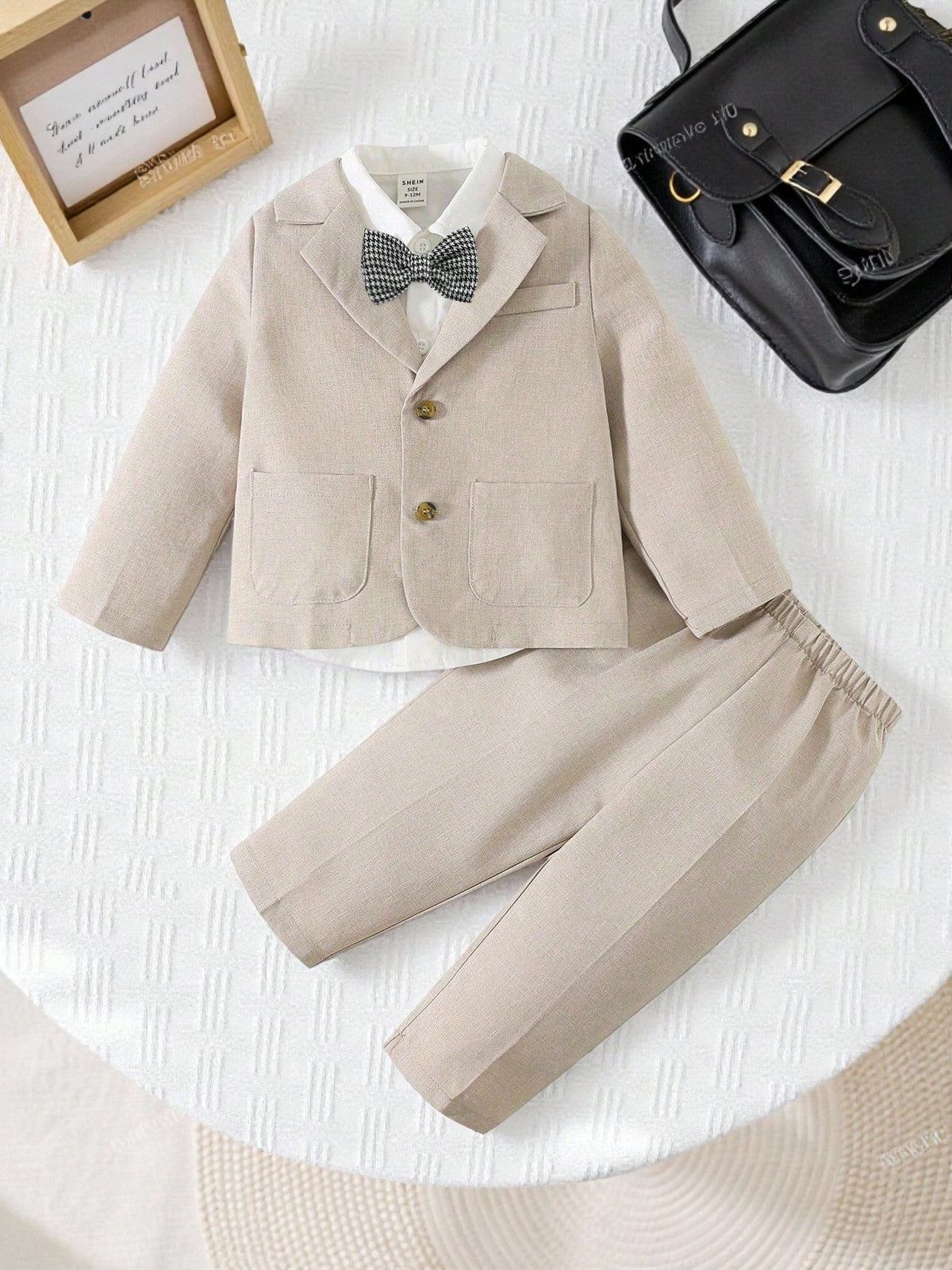 Baby Boy Gentleman Outfit Set,Khaki Blazer,White Shirt,Elastic Waist Pants,Formal Suit With Bowknot,Black And White,Summer,Elegant,Wedding Suit Wear