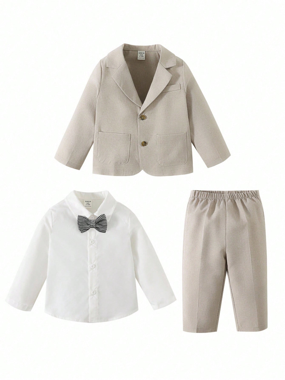 Baby Boy Gentleman Outfit Set,Khaki Blazer,White Shirt,Elastic Waist Pants,Formal Suit With Bowknot,Black And White,Summer,Elegant,Wedding Suit Wear