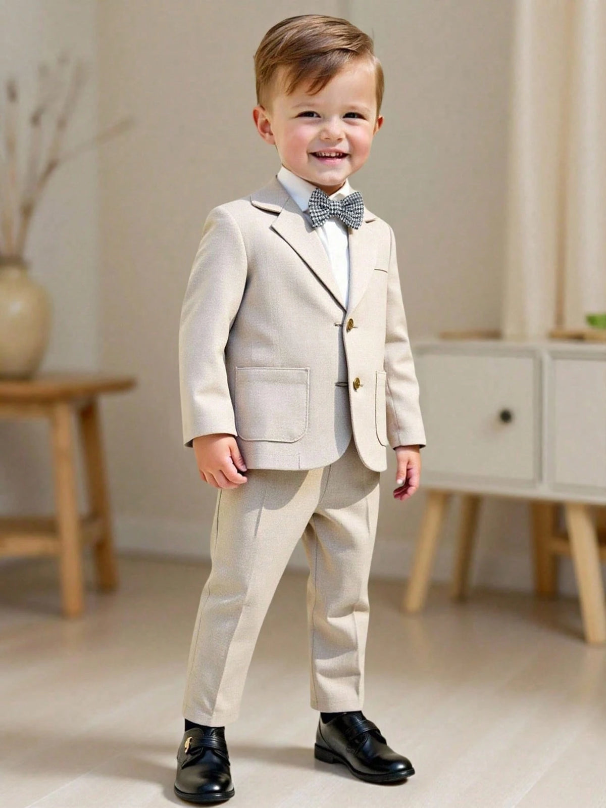 Baby Boy Gentleman Outfit Set,Khaki Blazer,White Shirt,Elastic Waist Pants,Formal Suit With Bowknot,Black And White,Summer,Elegant,Wedding Suit Wear