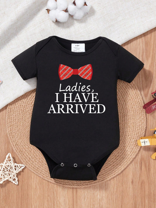 Baby Boy Slogan And Bow Tie Printed Short Sleeve Bodysuit